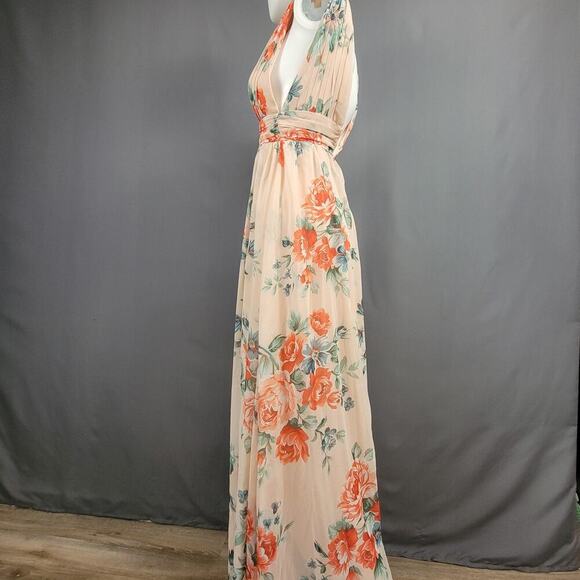 Lulus Maxi Dress XS Floral Chiffon Peach Plunge Wedding Guest - Picture 3 of 7